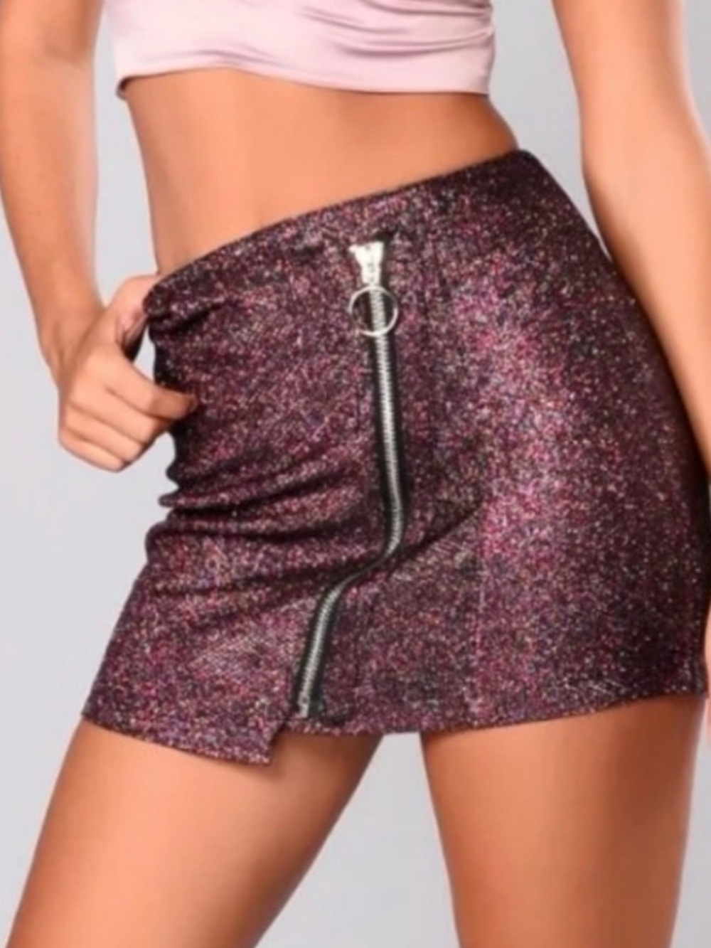 NWT Fashion Nova Move To LA Burgundy Glitter Zip Front Skirt Size Large